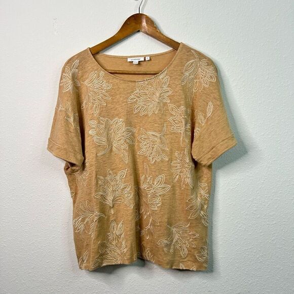 Chico’s Yellow Embroidered 100% Linen Short Sleeve Top Womens Size 2 (US Large) - Picture 1 of 15